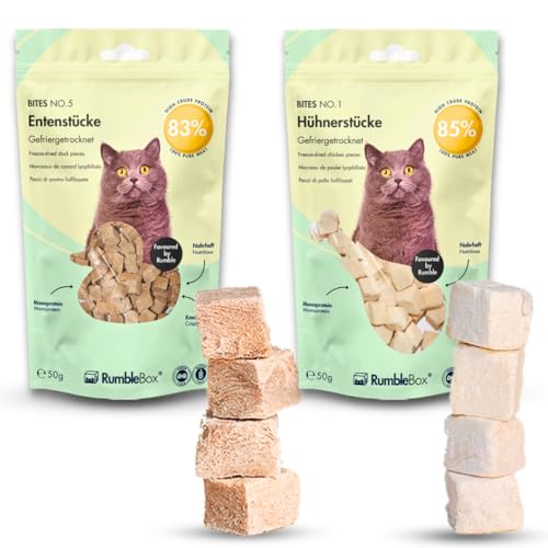 RumbleBox Sparbox 100% Hühner- & Entenstück Gefriergetrocknete Katzensnacks, Monoprotein Leckerlis ohne Getreide und Zucker für Allergiker, NUR 1 ZUTATEN (2x50g) RumbleBox Sparbox 100% Hühner- & Entenstück Gefriergetrocknete Katzensnacks, Monoprotein Leckerlis ohne Getreide und Zucker für Allergiker, NUR 1 ZUTATEN (2x50g) von RumbleBox