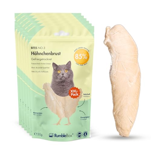 RumbleBox XXL 100% Hühnerbrust Gefriergetrocknete Katzensnacks, Monoprotein Leckerlis ohne Getreide und Zucker für Allergiker, NUR 1 ZUTATEN (Sparbox 6x50g) von RumbleBox