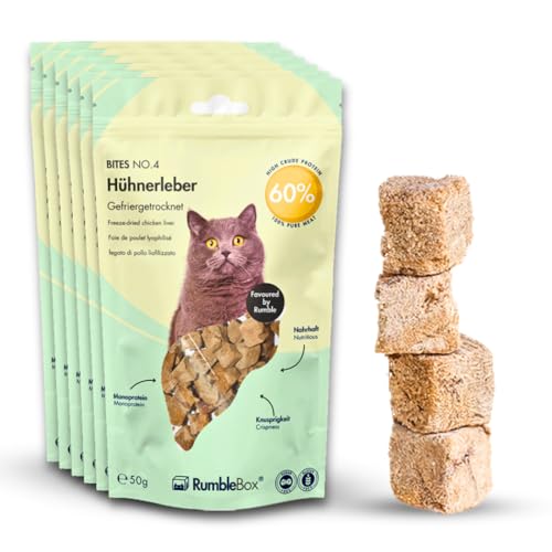 RumbleBox XXL 100% Hühnerleber Gefriergetrocknete Katzensnacks, Monoprotein Leckerlis ohne Getreide und Zucker für Allergiker, NUR 1 ZUTATEN (Sparbox 6x50g) von RumbleBox