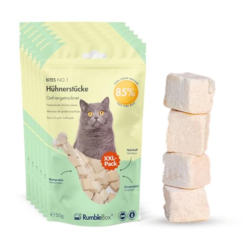 RumbleBox XXL 100% Hühnerstück Gefriergetrocknete Katzensnacks, Gesunde Leckerlis ohne Getreide und Zucker für Allergiker, NUR 1 ZUTATEN (Sparbox 6x50g) von RumbleBox