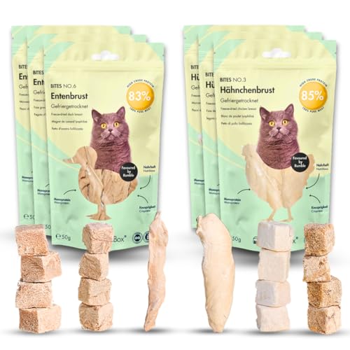 RumbleBox Ultimate Sparbox Pur Huhn & Ente, 100% Fleisch & Leber, Gefriergetrocknete Katzensnacks ohne Getreide und Zucker für Allergiker, NUR 1 ZUTATEN (6x50g) von RumbleBox