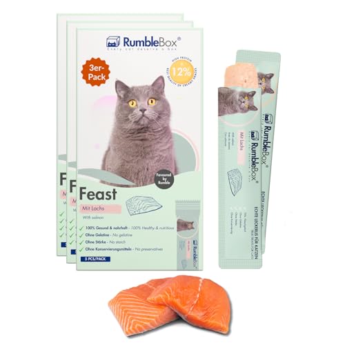 RumbleBox Schleckies mit Lachs, getreidefrei & zuckerfrei für Allergiker, Gesunde Leckerlis für Katzen mit nur 5 Zutaten (Sparbox 3er Pack 6x75g) von RumbleBox