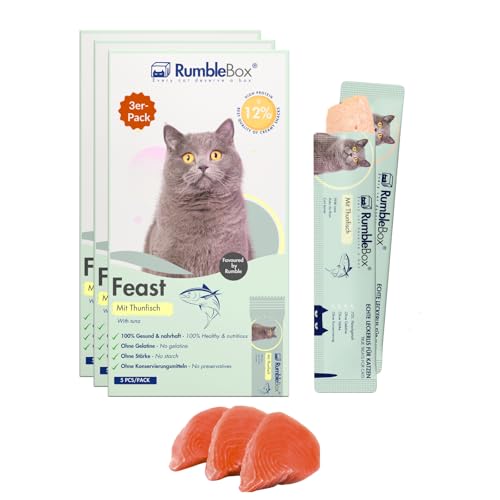 RumbleBox Schleckies mit Thunfisch aus nur 5 Zutaten, getreidefrei & zuckerfrei, Gesunde Leckerlis für Katzen auch für Allergiker (Sparbox 3er Pack 225g) von RumbleBox