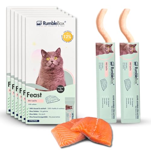 RumbleBox Schleckies mit Lachs, getreidefrei & zuckerfrei für Allergiker, Gesunde Leckerlis für Katzen mit nur 5 Zutaten (Sparbox XXL 6x75g) von RumbleBox
