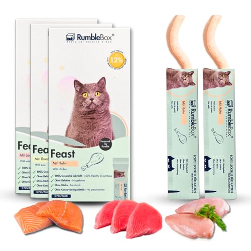 RumbleBox Schleckies mit 70% Fleisch & 1500mg/kg Taurin, getreidefrei & zuckerfrei für Allergiker, Gesunde Leckerlis für Katzen ohne schädliche Zusätze (Ultimate Sparbox 3x75g) RumbleBox Schleckies mit 70% Fleisch & 1500mg/kg Taurin, getreidefrei & zuckerfrei für Allergiker, Gesunde Leckerlis für Katzen ohne schädliche Zusätze (Ultimate Sparbox 3x75g) von RumbleBox