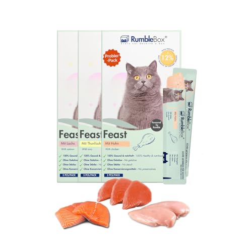 RumbleBox Schleckies mit 70% Fleisch & 1500mg/kg Taurin, getreidefrei & zuckerfrei für Allergiker, Gesunde Leckerlis für Katzen ohne schädliche Zusätze (Ultimate Sparbox 3x75g) von RumbleBox