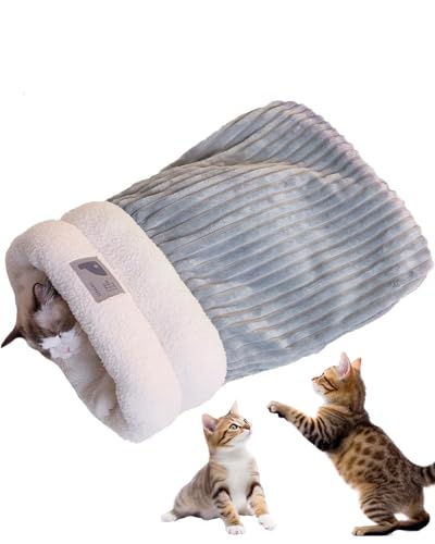 Katzen Schlafsack, Winter Schlafsack für Katzen, Bequemer Pet Schlafsack für Innenkatzen und kleine Hunde, Gemütliches Katzenbett, Weicher Plüsch, Größe M (44 * 37cm), Grau-Blau von Rumicet