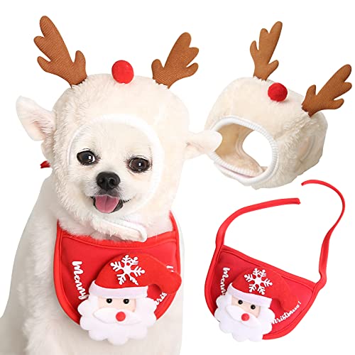 Hund Katze Kostüm, Weihnachten Haustier Hund Welpen Hut mit verstellbarem klassischem Schal Dreieck, Weihnachten Rentier Stirnband mit Ohrenlöchern Haustier Kostümzubehör von Runmeihe