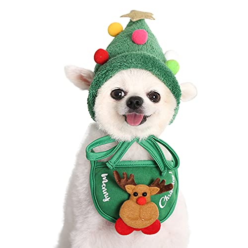 Runstarshow Weihnachtsmütze + Bandana, Set für Katze, Hund, Plüsch, Kopfbedeckung, Festival, Haustierbedarf, Zubehör für Kätzchen, Geburtstagsparty (grün) von Runstarshow