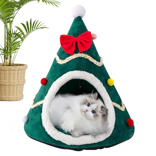 Rurunklee Weihnachtsbaum Katzenhöhle Plüsch Katzennest Halbgeschlossenes Weihnachtskatzenhaus Gemütlich Warm Schlafnest für Katze und Welpe von Rurunklee