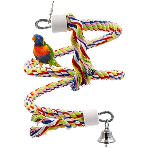 Rusee Vögel Spielzeug, Parrot Climbing Rope Sling, Schaukel Spielzeug, Spirale Stehen-Seil, Mittlere Regenbogen Cotton Rope Parrot mit Glocke von Rusee