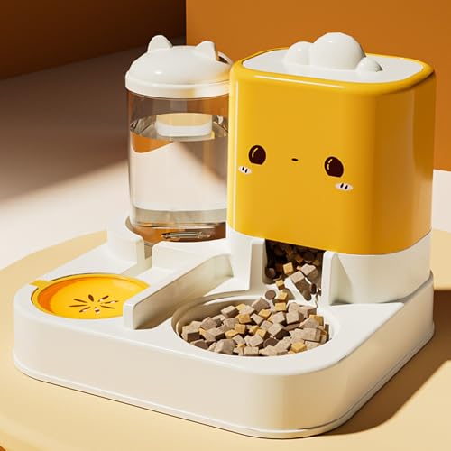 2 in 1 Automatischer Katzenfutterspender Wasser und Katzenfutter Futterspender mit Wasserfilter Tierfutterspender (Gelb) von Rutaqian