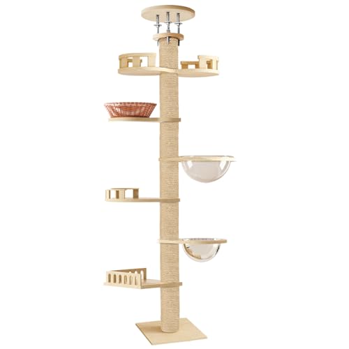 Wandstehender Katzenbaum 6-Ebenen-Verstellbare Höhe (295-315cm), Mitbeobachtungsturm, Baumkapsel & Hanf-Kratzstütze-Starker Katzenkletterturm FÜr Indoor/Outdoor, Stabiler Basis von Rutaqian