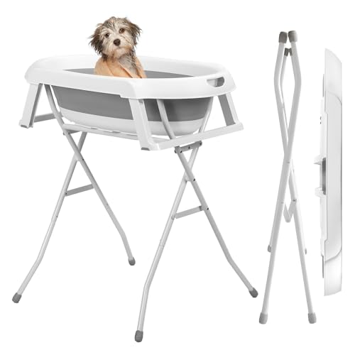 Zwe-in-INS-Hunderbadewanne Mit Faltbarem Ständer-Tragbard Weschstation für Klein Kleinhunde & Katzen, 2-in-1-Design, Abblaufsystem und rutschfeste Füße-Innen-/Out Grau von Rutaqian