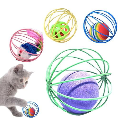 Ruwshuuk Mausball für Katzen, Katzenballspielzeug - 4 Stück kätzchenfreundliches Mäuseballspielzeug im Käfig - Kreatives Haustierkatzenzubehör, Haustierkätzchenspielzeug, Haustierkatzenspielzeug für von Ruwshuuk