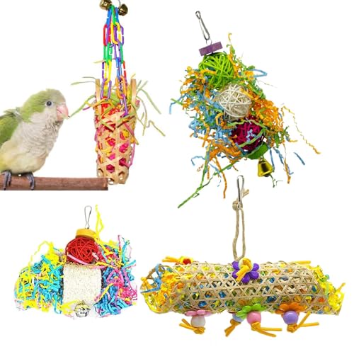 Ruyeiig Vogel Kaumaterial Spielzeug,4er Set Futtersuchspielzeug Für Ziegensittiche - Bunte Spielzeug Für Käfig Klettern Sitzstangen Aufhänger Unzertrennliche Tägliches Training Zuhause Urlaub von Ruyeiig