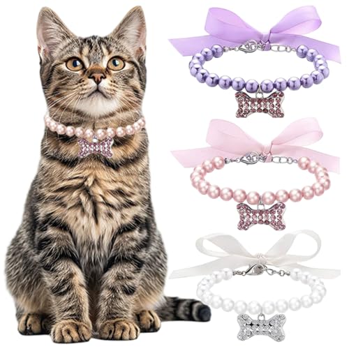 3pcs Welpenkragen, Einstellbarer Kätzchenkragen mit Strassknochen & Perle & Bogen, Bling Pet Halskette, niedliche Welpe -Essentials für Haustierliebhaber von Rwigeboo