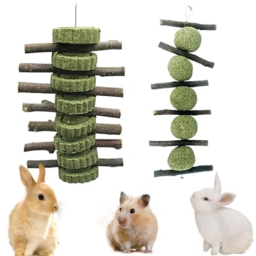 Rynvarl 2 Stück natürliches Kauspielzeug (230 g), Timothy Heu + Apfelholz, sicheres Zahnzubehör für Kaninchen, Meerschweinchen, Hamster und Chinchillas von Rynvarl