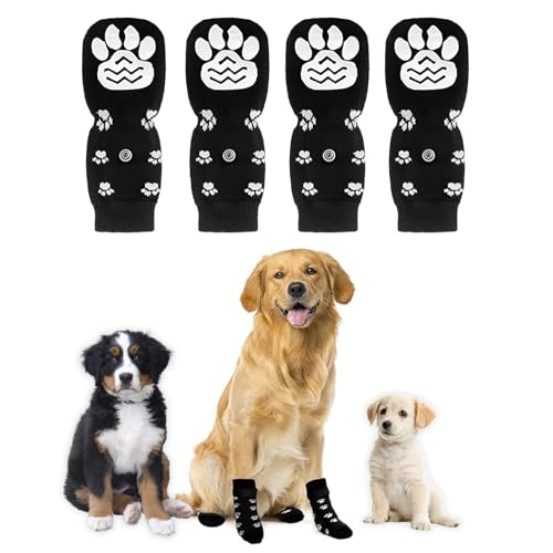 Rynvarl 4er Set Hundesocken mit Rutschfester Sohle und verstellbarem Riemen – Pfotenschutz aus Baumwolle, für kleine und gro?e Hunde, ideal bei Verletzungen und kaltem Boden, (Schwarz, L) von Rynvarl