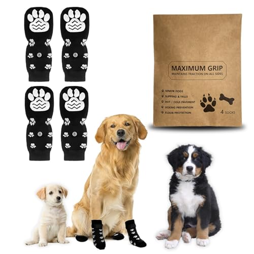 Rynvarl 4er Set Hundesocken mit Rutschfester Sohle und verstellbarem Riemen – Pfotenschutz aus Baumwolle, für kleine und gro?e Hunde, ideal bei Verletzungen und kaltem Boden, (Schwarz, S) von Rynvarl