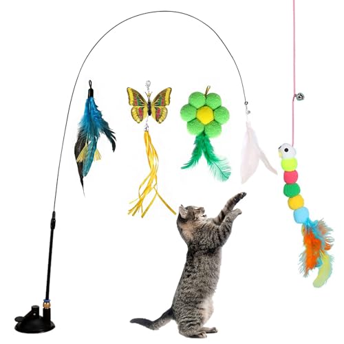 Rynvarl Interaktives Katzenspielzeug – Flexible Angelrute mit Saugnapf + 5 Zubehörteile mit Federn & Glöckchen – Stimulation für Kätzchen und ausgewachsene Katzen – langlebig, ungiftig von Rynvarl