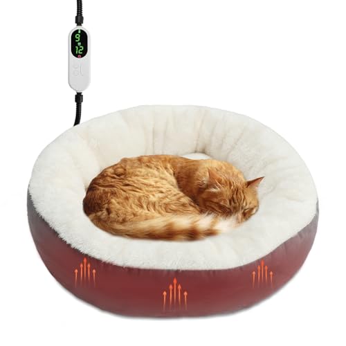 Rypet Beheiztes Katzenbett für den Innenbereich, weiches und gemütliches Donut-Haustierbett mit Timer und Timer, einstellbare Temperatur, beheizte Hundebetten für kleine Hunde und ältere Katzen, mit von Rypet