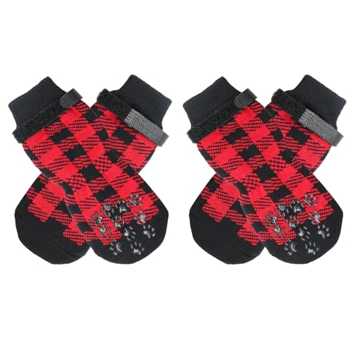 Rypet Doppelseitige Anti-Rutsch-Hundesocken, 2 Paar, Hundesocken mit verstellbarem Riemen, Hundesocken für Hartholzböden, Haustierpfotenschutz für kleine, mittelgroße und große Hunde, Rot, Größe S von Rypet