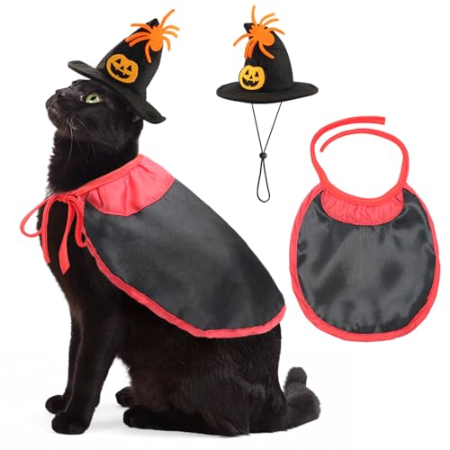 Rypet Katzen-Halloween-Kostüm, Halloween-Katzenkostüm mit Vampirumhang und Kürbishut, Katzenkostüm für Katzen und kleine Hunde, Cosplay-Outfit für Halloween-Party von Rypet