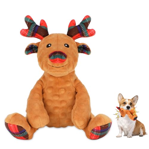 Rypet Weihnachtliches Rentier-Hundespielzeug, langlebiges Plüsch-Hundespielzeug mit Knisterpapier, interaktives Hundespielzeug, gefüllt, quietschendes Spielzeug für Welpen, mittelgroße und kleine von Rypet