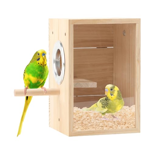 Rypet transparenter Nistkasten aus Holz mit Sitzstange für Wellensittiche, Finken, Kanarien & mehr. Perfekt für Brut & Beobachtung im Käfig. Größe M. von Rypet