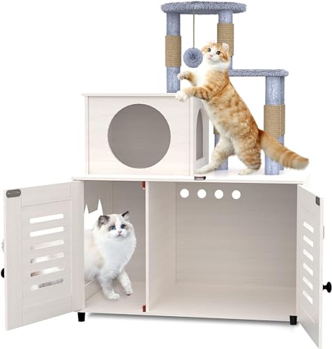 Weißer All-in-One Katzenschrank mit Katzenklo Gehege, Kratzbaum, weicher Plüsch-Sitzstange und Trennwand von Ryvorbe