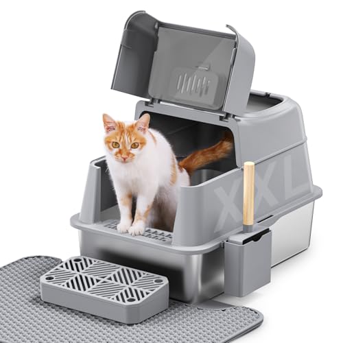 Rywell Edelstahl Katzenklo mit Deckel XXL, inklusive Doppelschicht Matte und Katzenklo Schaufel, Große Metallkatzentoilette geschlossene von Rywell