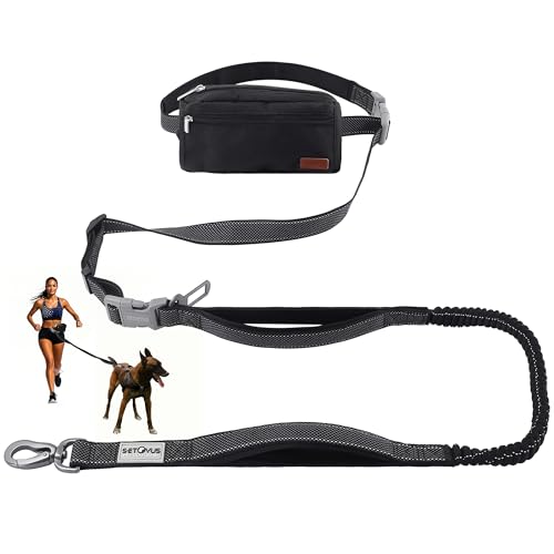 S-ETOVUS Hundeleine mit Reißverschluss, Doppelgriff, reflektierend, Bungee-Taillenleine für Spaziergänge, Training und Wandern für kleine, mittelgroße und große Hunde, Schwarz von S-ETOVUS