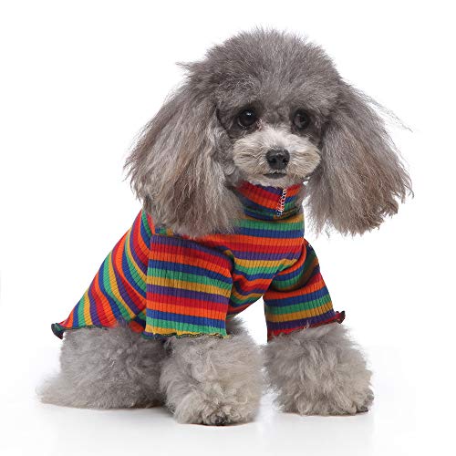 Hundekostüm für drinnen und draußen, Rollkragen, Regenbogen-Jumpsuit, Shirt, farbige Streifen, Frühling, Sommer, Welpen, weiche Kleidung von S-Lifeeling