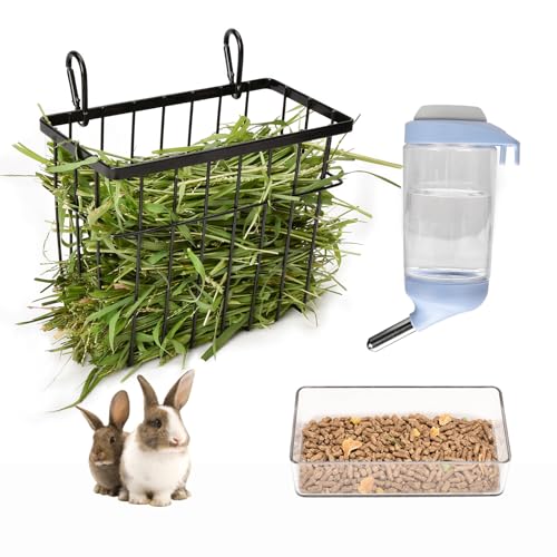SANGLE SOPFFY Kaninchen-Heu-Futterstation für Kleintiere mit 350 ml Wasserflasche, Heuraufe, Pelletschale für Meerschweinchen, Chinchillas, Hase, multifunktionaler Pellet-Futternapfspender von S SANGLE SOPFFY