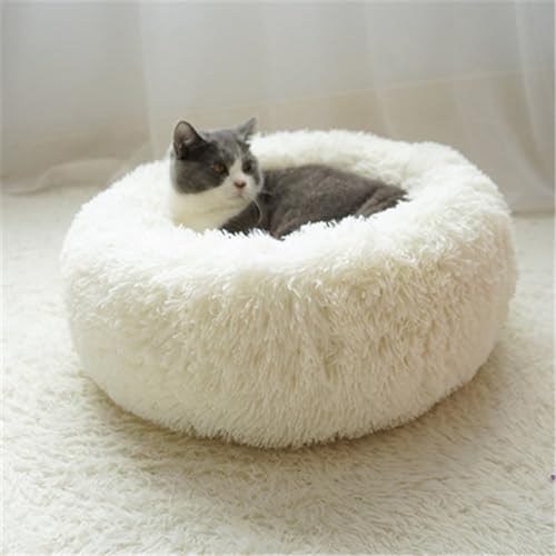 SAAKO Flauschiges rundes Anti-Rutsch Plüsch Katzenbett,Weiß von SAAKO