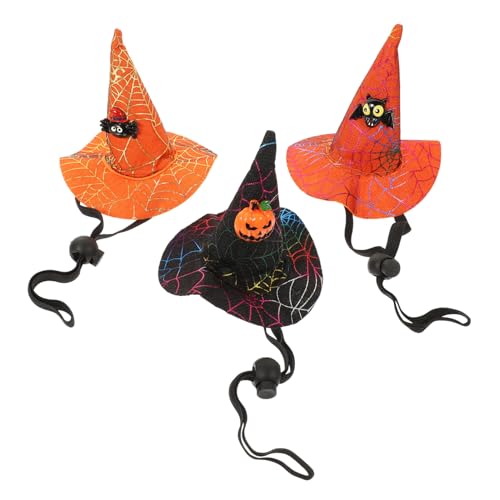 SAFIGLE 3 Stück Teiliges Halloween Haustier Hexenhut mit Verstellbarem Gurt Niedliche Hunde und Katzenkopfbedeckung Dekorative Kostümaccessoires für Party und Cosplay Orangem Spinnen und von SAFIGLE