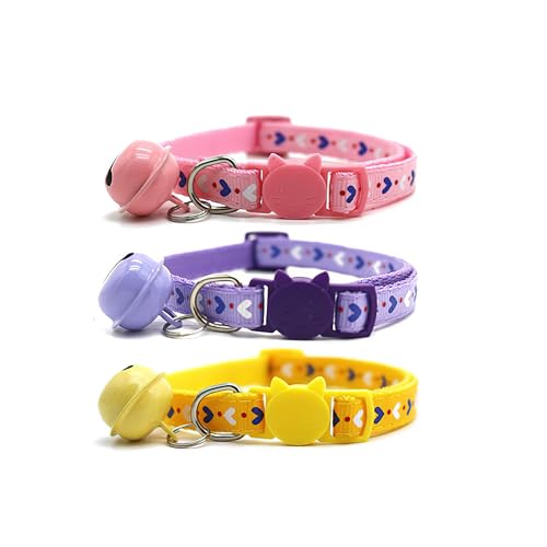 SAFLOGA Verstellbares Katzenhalsband mit Glöckchen, mehrfarbig, weiches Sicherheitshalsband für Haustiere, sicheres und bequemes Katzenhalsband für alle Katzen (Rosado + Purpura + Amarillo) von SAFLOGA