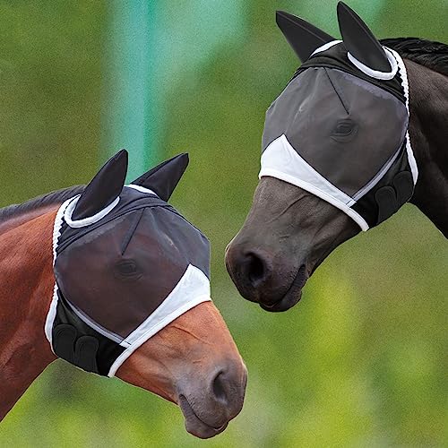 2pcs Fliegenmaske mit Ohren für Pferde weiches dehnbares Mesh Pferd Gesichtsabdeckung, atmungsaktive Augenschutz Fliegenmasken UV-schützendes Pferdezubehör (Schwarz, L) von SAGUD