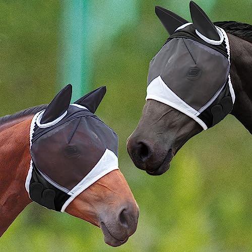 Fliegenmaske mit Ohren für Pferde, weich, dehnbar, Netzstoff, atmungsaktiv, Augenschutz, Fliegenmasken, UV-Schutz, Pferdezubehör, Schwarz, Größe L, 2 Stück von SAGUD