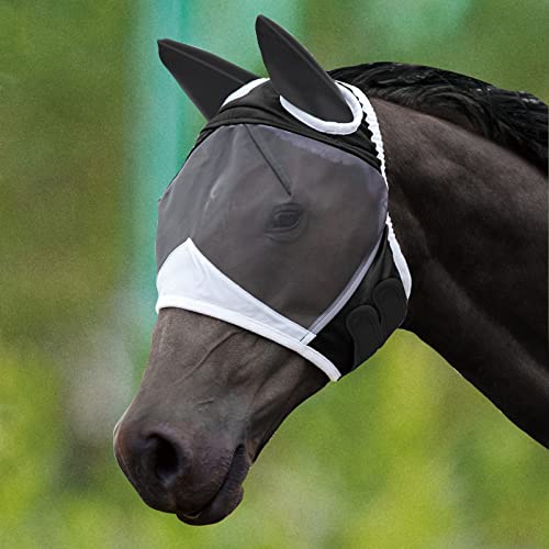 Fliegenmaske mit Ohren für Pferde Weich Dehnbar Mesh Pferd Gesichtsbedeckung Atmungsaktiv Augenschutz Fliegenmasken UV Schutz Pferdebedarf (Schwarz, L) von SAGUD