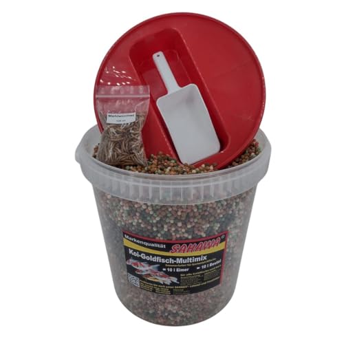 Premium Koi-Goldfisch-Multimix, Sommerfutter für Gartenteichfische von Sahawa, inklusive Futterschaufel und getrockneten Mehlwürmern, Fischfutter für Koi, Goldfische (10 L Eimer) von SAHAWA
