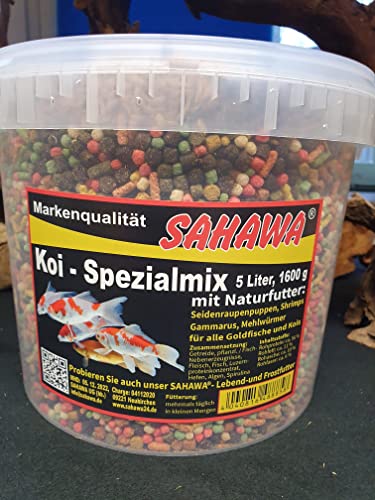 Koifutter Spezialmix 5 L Eimer 1600g mit Naturfutter, Teich Futter Teichsticks Goldfischperlen Fischfutter Kaltwasserfische von SAHAWA