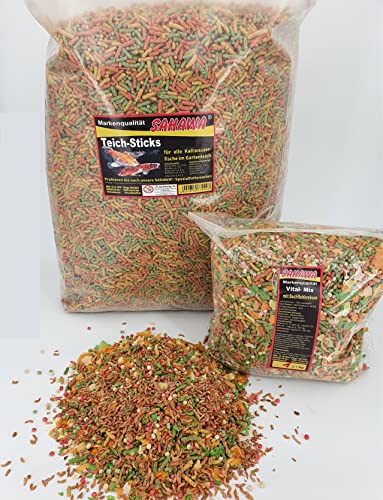 Sahawa® Premium Teichsticks 3-Fach Mix 4 Kg buntes Teichfutter + 1l Vitalmix mit Gammarus zum Testen von SAHAWA