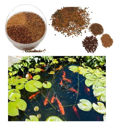 Teichfutter im Eimer für Teichfische, für Goldfische, Kois, mit Sticks, Flocke, Goldfischperlen, Koipellets (5 L Eimer, Koifutter mit Naturfutter 6 mm gemischt) von SAHAWA