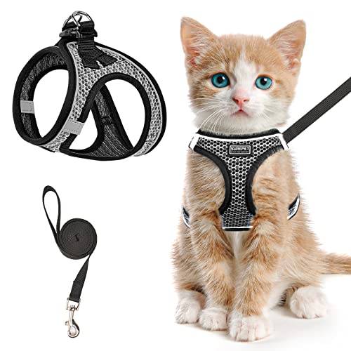 Katzengeschirr und Leine zum Spazierengehen, ausbruchsicher, verstellbares Kätzchenweste-Geschirr, reflektierend, weiches Netzgewebe, Welpengeschirr für draußen, einfach zu kontrollieren (Grau, S) von SALFSE
