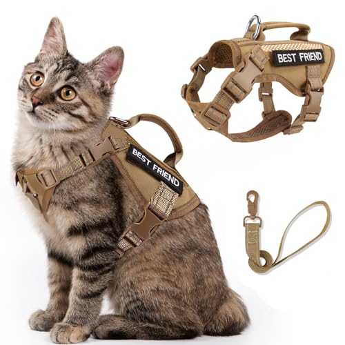 SALFSE Großes taktisches Katzengeschirr mit Leine, Air-Mesh, ausbruchsicher mit Griff, reflektierend (AKhaki, L) von SALFSE