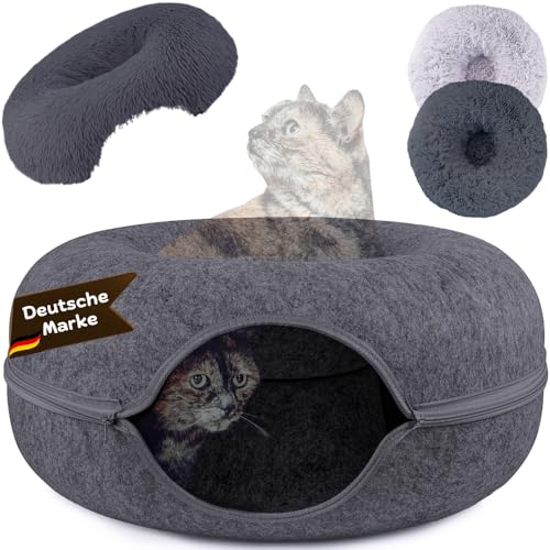 Samtkönig® Katzenhöhle, Katzenbett flauschig, Katzen Donut Tunnel, Katzentunnel aus Filz mit waschbarem Kissen Bezug, Katzenkörbchen als Schlafplatz, Kuschelbett & große Kuschelhöhle 60x60x30cm von SAMTKÖNIG