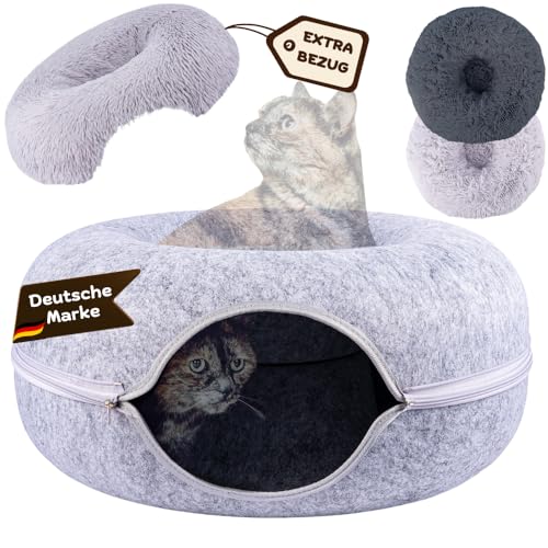 Samtkönig® Katzenhöhle, Katzenbett flauschig, Katzen Donut Tunnel, Katzentunnel aus Filz mit waschbarem Kissen Bezug, Katzenkörbchen als Schlafplatz, Kuschelbett & große Kuschelhöhle 60x60x30cm von SAMTKÖNIG