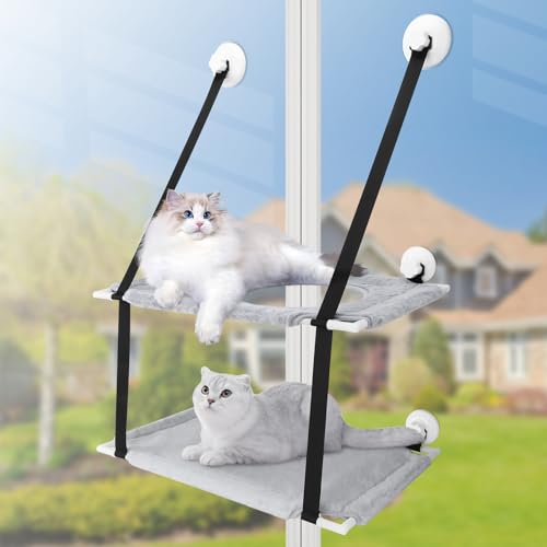 SAN LIKE Katzenbett Fenster für Katzen Bis 15kg, Verstärkte Katzen Hängematte mit Starkem Saugnapf, Doppelschichtig Verdickt Hängematte für Große Katze in Innenräumen, Grau von SAN LIKE
